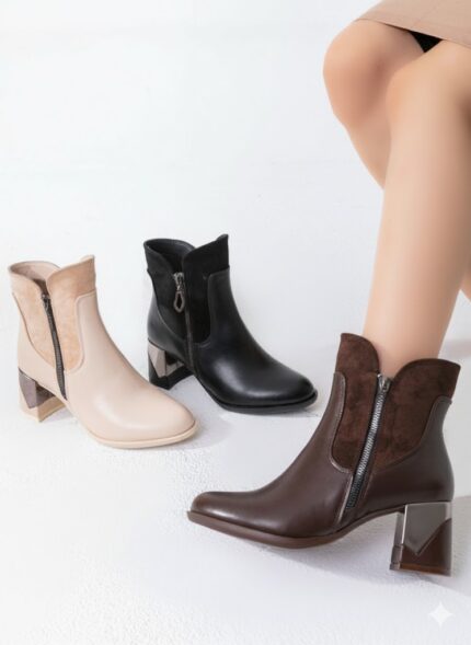 بوت الكاحل المزدوج: مزيج الشمواه والجلد بسحاب عصري