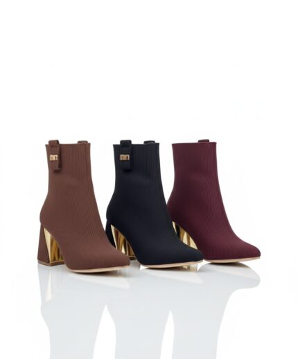 بوت قصير برقبة محبوكة بكعب ذهبي هندسي | 3 ألوان شتوية عصرية | الدفء والأناقة بكعب مميز