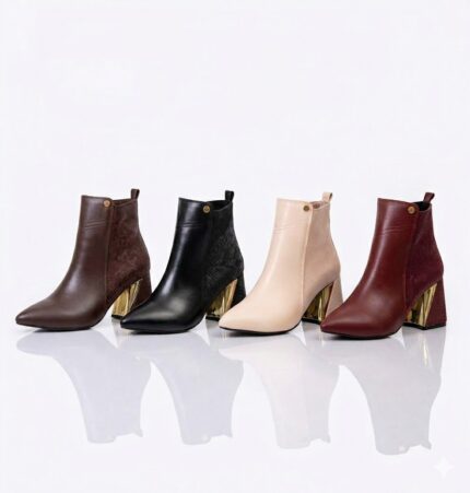 هاف بوت نسائي كلاسيكي بكعب ذهبي عريض - مزيج بين الفخامة والراحة