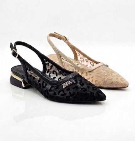 حذاء سلينج باك فيليه أسود وبيج بطبعة الفهد