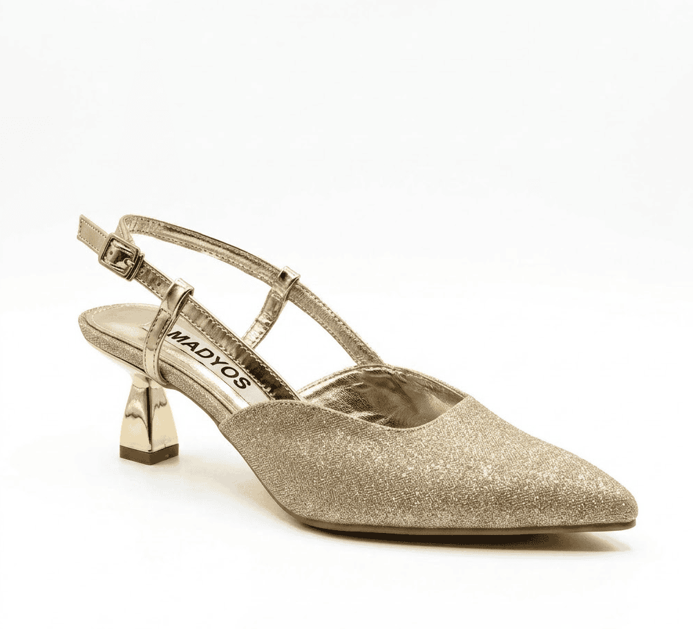 حذاء نسائي من MADYOS بكعب منخفض (Kitten Heel) ومقدمة مدببة، بتصميم لامع وحزام خلفي (Slingback) - مثالي لحفلات الزفاف والمناسبات والسهرات - Image 6