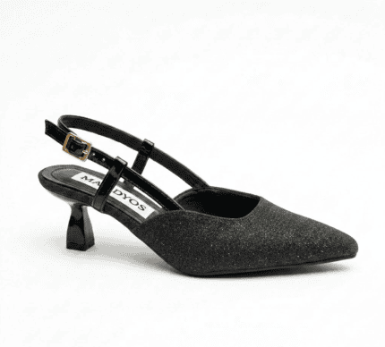 حذاء نسائي من MADYOS بكعب منخفض (Kitten Heel) ومقدمة مدببة، بتصميم لامع وحزام خلفي (Slingback) - مثالي لحفلات الزفاف والمناسبات والسهرات