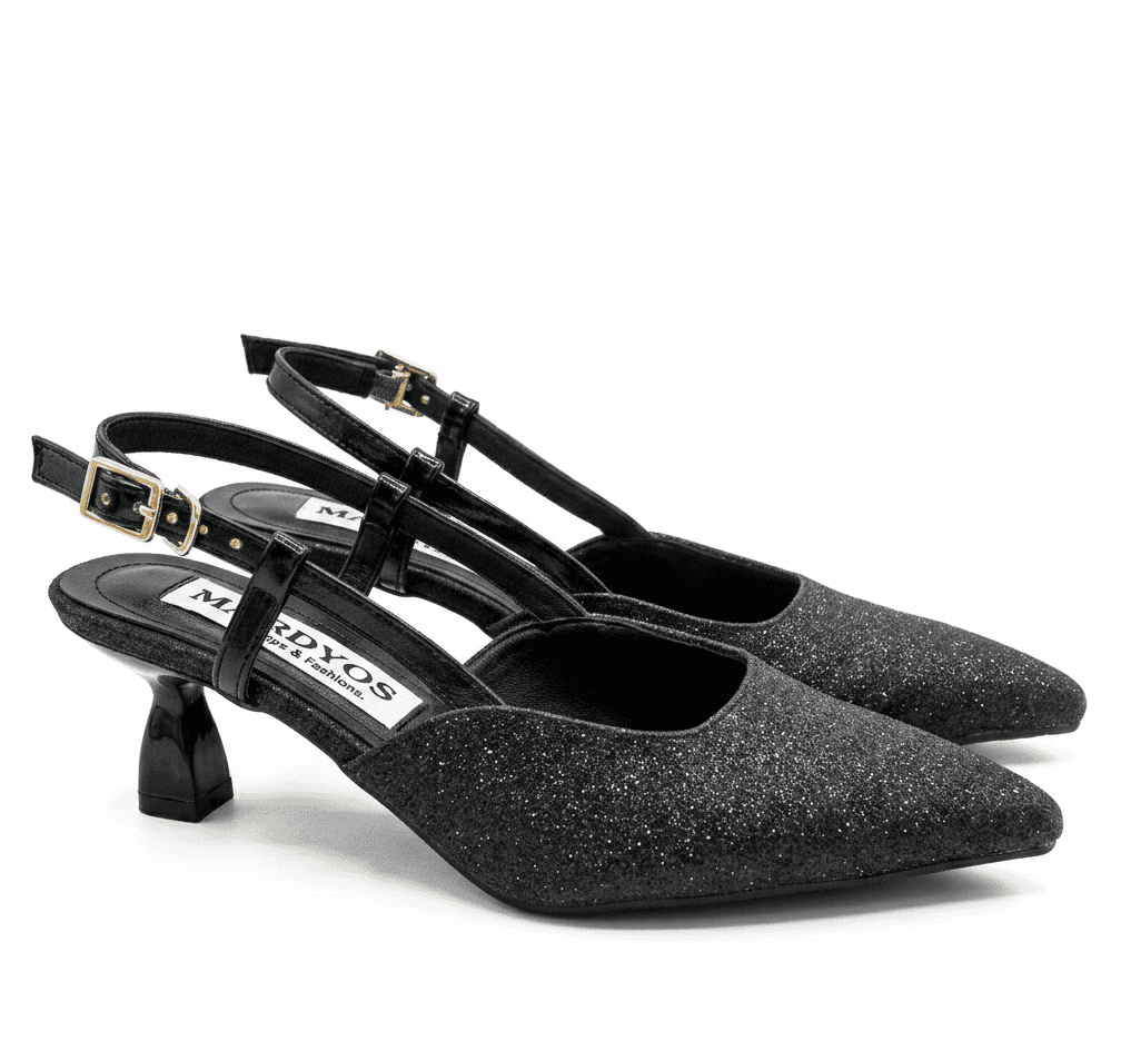 حذاء نسائي من MADYOS بكعب منخفض (Kitten Heel) ومقدمة مدببة، بتصميم لامع وحزام خلفي (Slingback) - مثالي لحفلات الزفاف والمناسبات والسهرات - Image 2